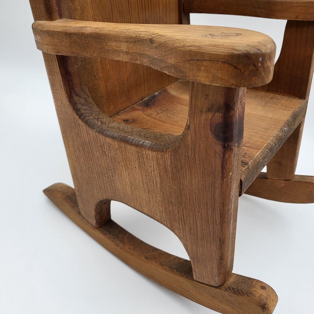 Vintage Wooden Doll Rocking Chair Heart Cutout Miniature Rustic Brown Decor - Picture 4 of 7